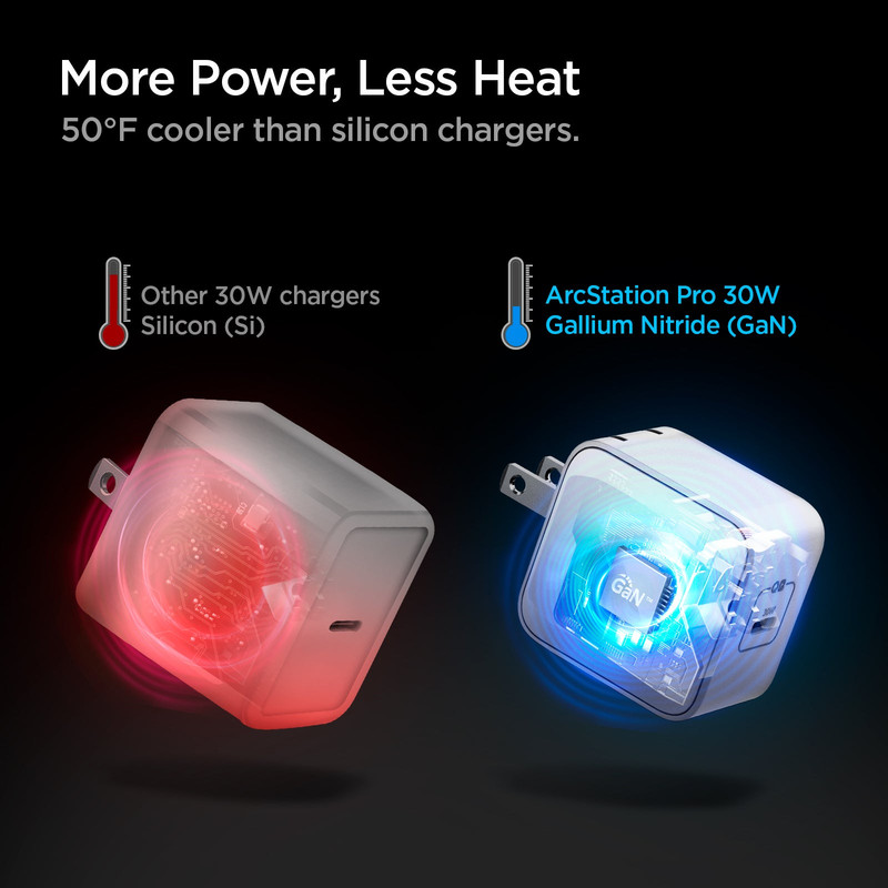 El cargador Spigen ArcStation Pro 30W mostrando su enchufe plegable y tamaño compacto.