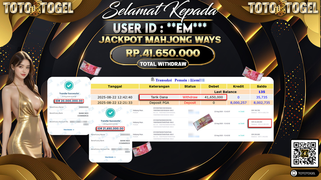 Bukti Pembayaran Jackpot Permainan Slot Mahjong Ways ID:**EM*** LUNAS