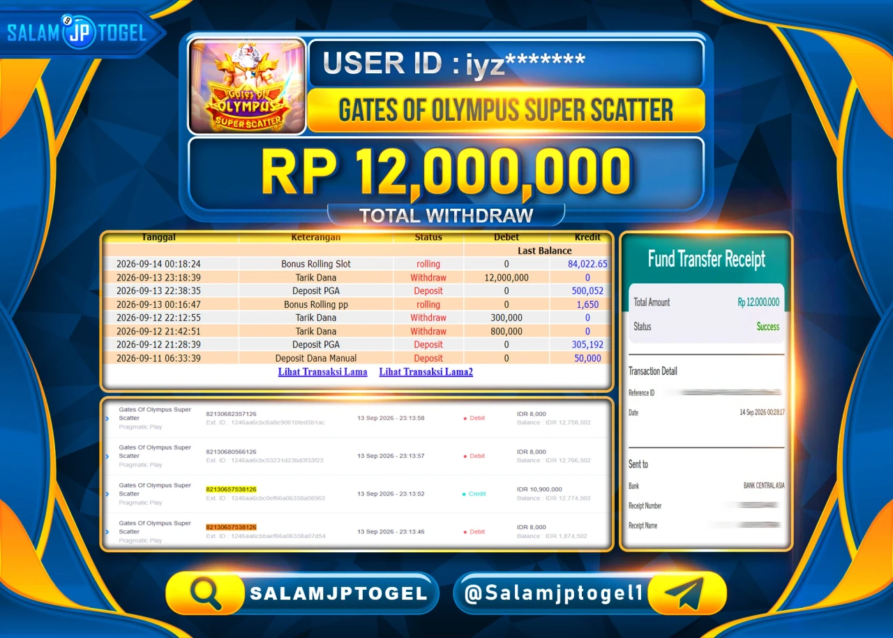 SALAMJPTOGEL JACKPOT MENANG SLOT GATES OF OLYMPUS SUPER SCATTER Rp.12,000,000 - LUNAS