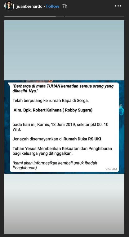 Juan Bernard membagikan kabar duka atas meninggalnya sang ayah