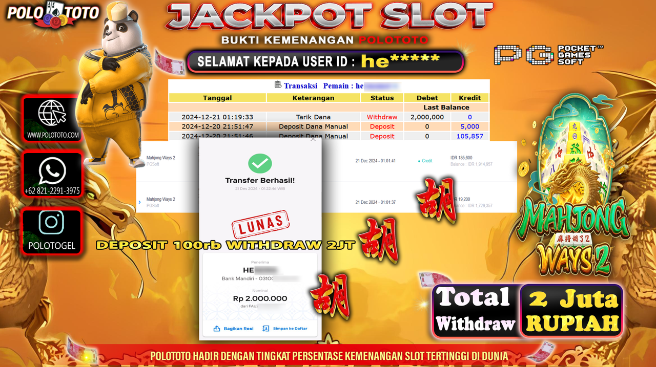 POLOTOTO JACKPOT SLOT MAHJONG WAYS 2 Rp.2,000.000,-