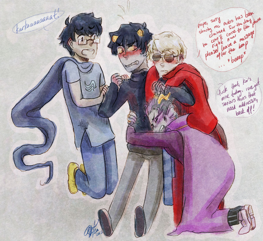 Eridan, Dave, and John are all clinging to Karkat.