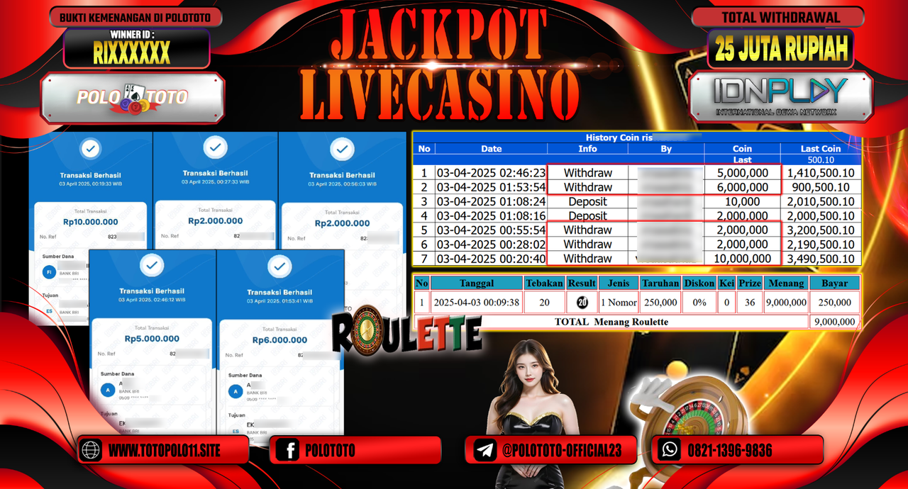 POLOTOTO JACKPOT LIVE CASINO ROULETTE  Rp.25.000.000,- LUNAS