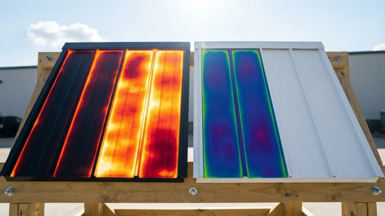 Thermal heat map comparison of black vs white metal roof panels