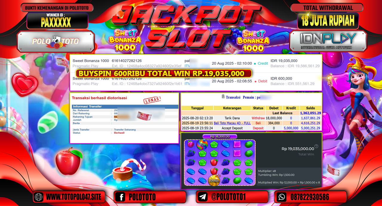 POLOTOTO JACKPOT SLOT SWEET BONANZA 1000 Rp.18.000.000,-
