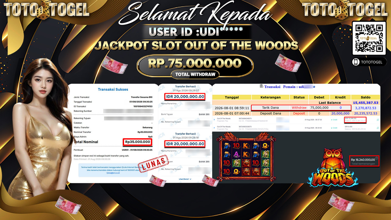 Bukti Pembayaran Jackpot SLOT OUT OF THE WOODS ID:UDI**** LUNAS