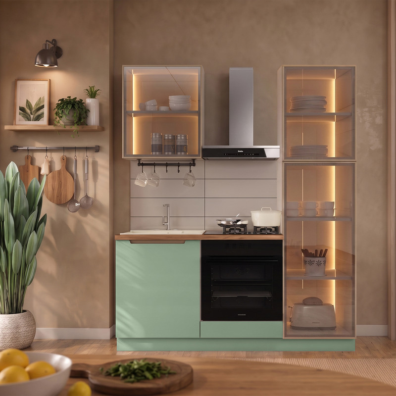 Hera 170 cm Mutfak Dolabı Seti %100 MDF Ledli Boy Dolaplı Fırın Modüllü Lavabolu Mutfak Dolabı Takımı 4 Modül Tezgah Dahil Yeşil Bej