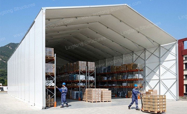 Retractable tunnel tent installed at a shopfront entrance as a retractable shelter