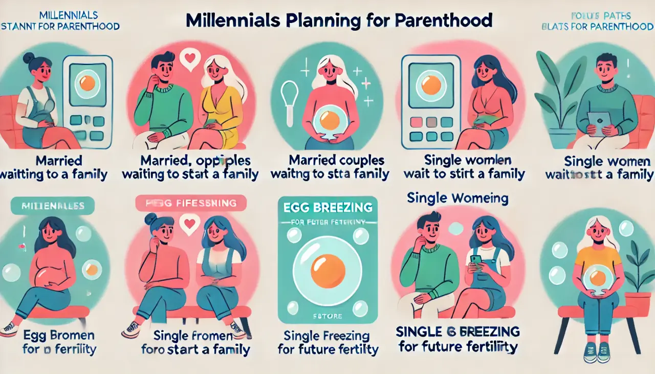 Illustration of millennials planning for parenthood, comparing lifestyles of married couples and single women choosing egg freezing for future fertility.