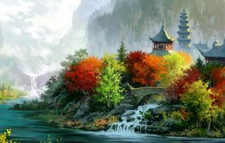Thơ họa Nguyễn Thành Sáng & Tam Muội (713) Asian-architecture-nature-painting-river-waterfall-buildings