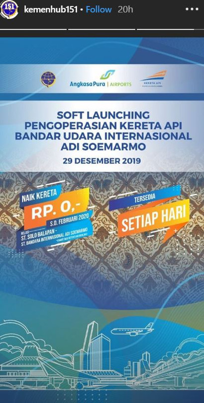 Harga tiket KA Bandara Adi Soemarmo gratis sampai Februari 2020.