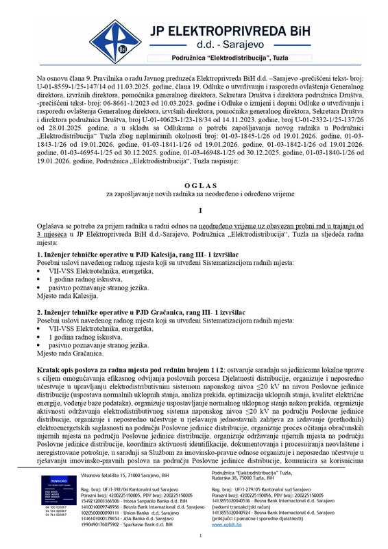 Oglas za prijem novih radnika na neodredjeno i odredjeno vrijeme ED Tuzla page 0001