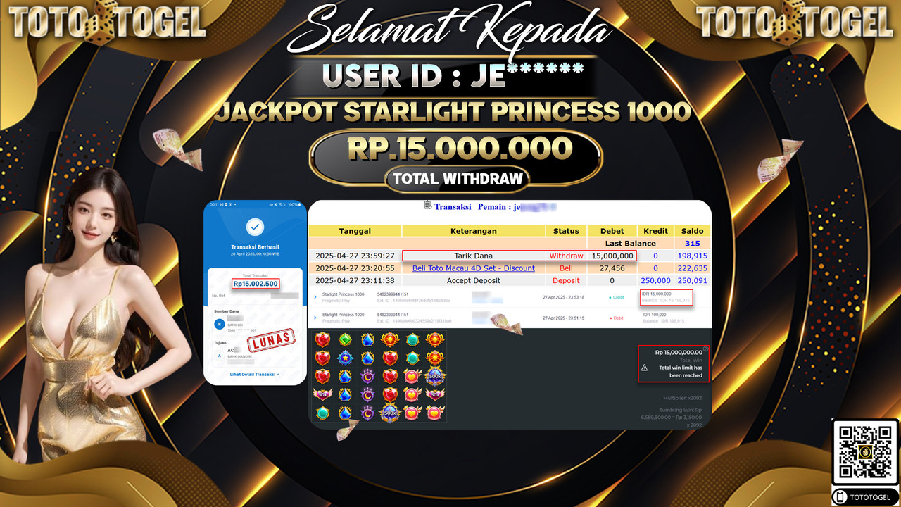 Bukti Pembayaran Jackpot  Permainan Slot Starlight Princess 1000 ID:JE***** LUNAS