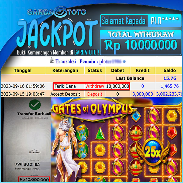 JACKPOT SLOT MAIN DI SLOT GATES OF OLYMPUS WD Rp 10.000.000,- DIBAYAR LUNAS