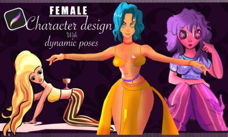 Female character design with dynamic poses