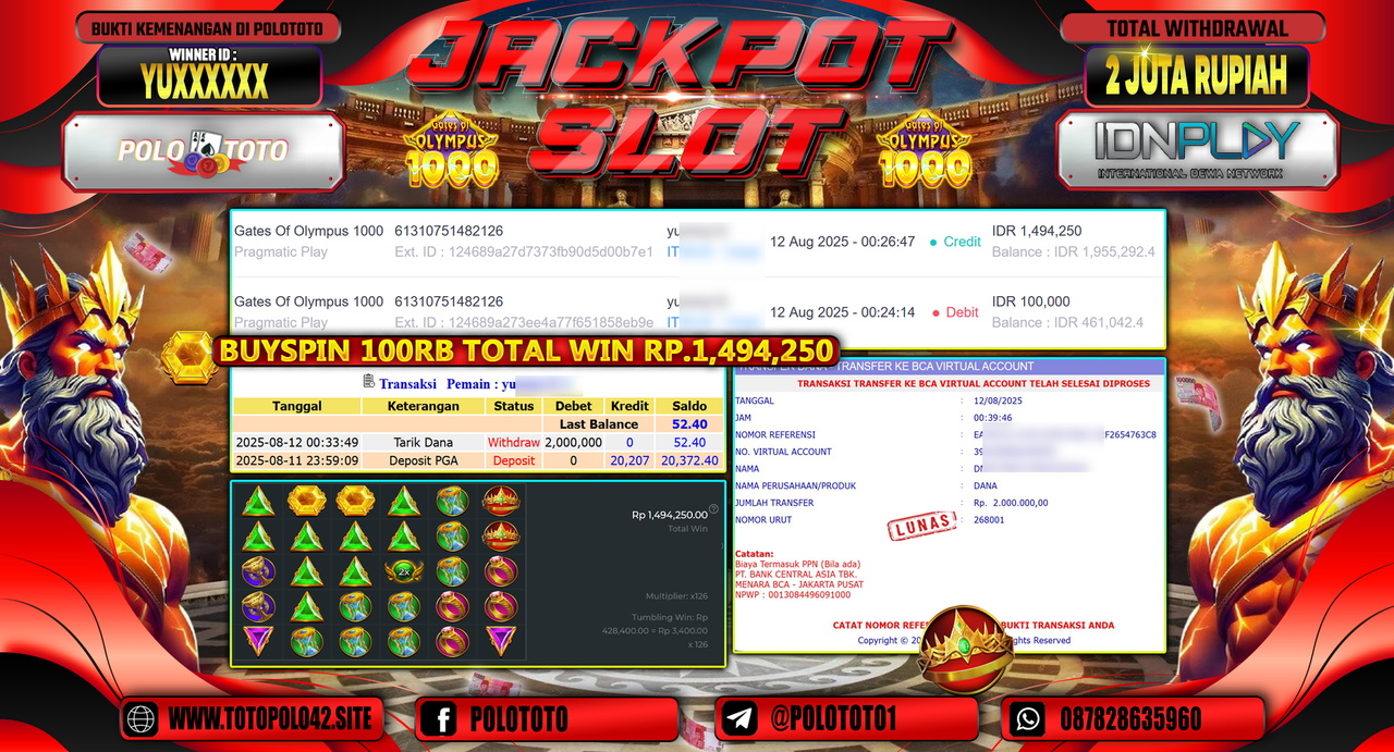 POLOTOTO JACKPOT SLOT GATES OF OLYMPUS 1000 Rp.2.000.000,-LUNAS