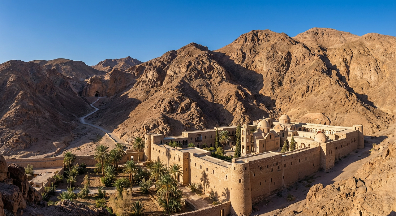The ancient, fortified walls of the Monastery of Saint Anthony in the Eastern Desert.