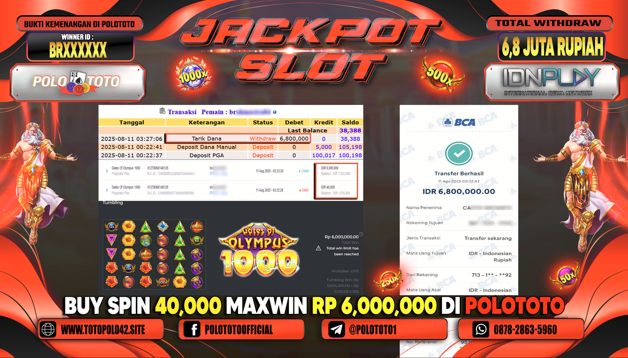 POLOTOTO JACKPOT SLOT GATES OF OLYMPUS 1000 Rp.6.800.000,-LUNAS