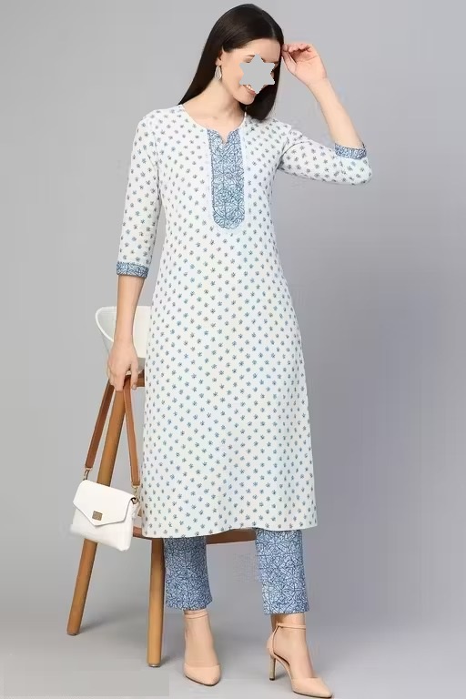 Printed Kurti Set White Blue Color 1 (KS128)