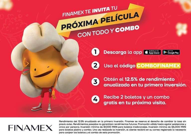 Finamex: 2 boletos y Combo gratis para Cinemex al invertir $5,000 
