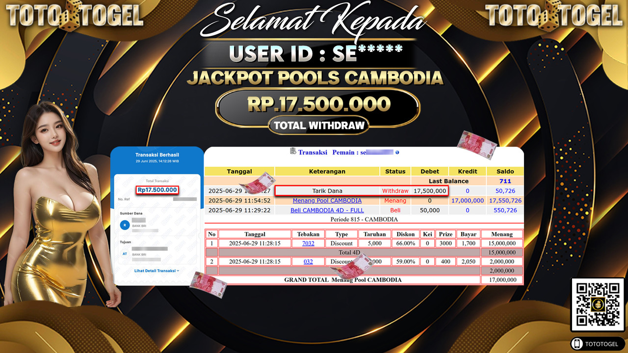 Bukti Pembayaran Jackpot Permainan Togel Pools Cambodia ID:SE***** LUNAS