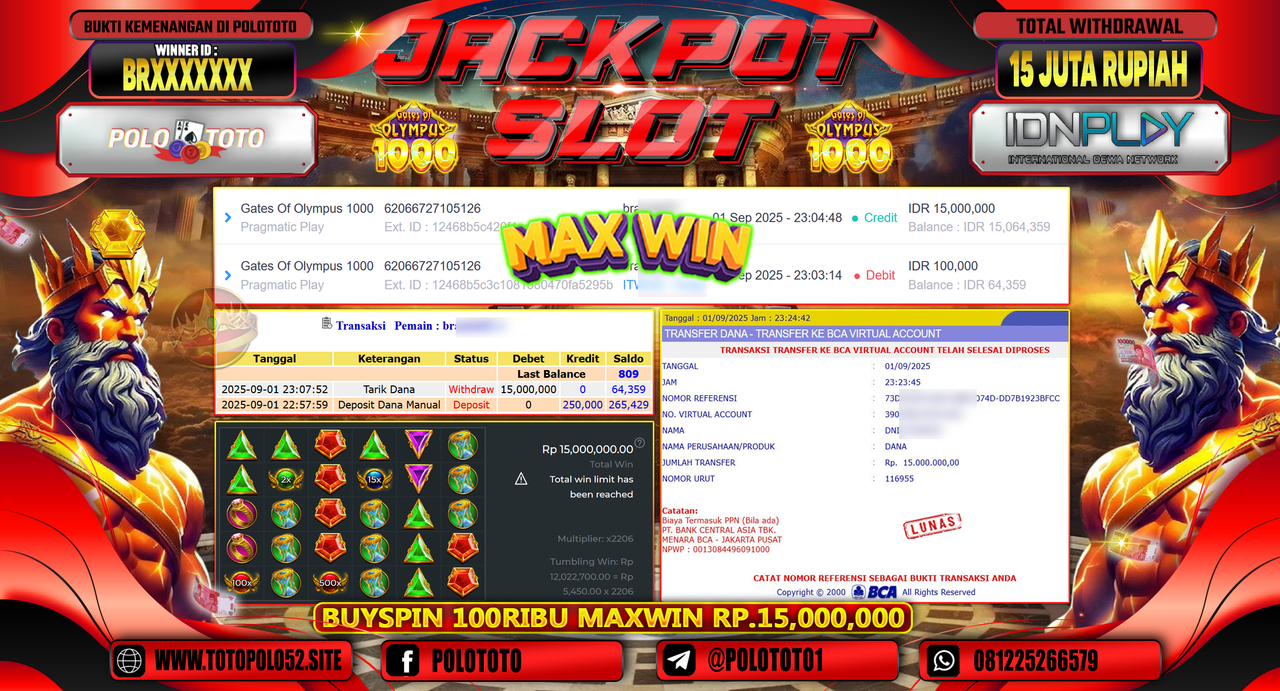 POLOTOTO JACKPOT SLOT GATES OF OLYMPUS 1000 Rp.15.000.000,-