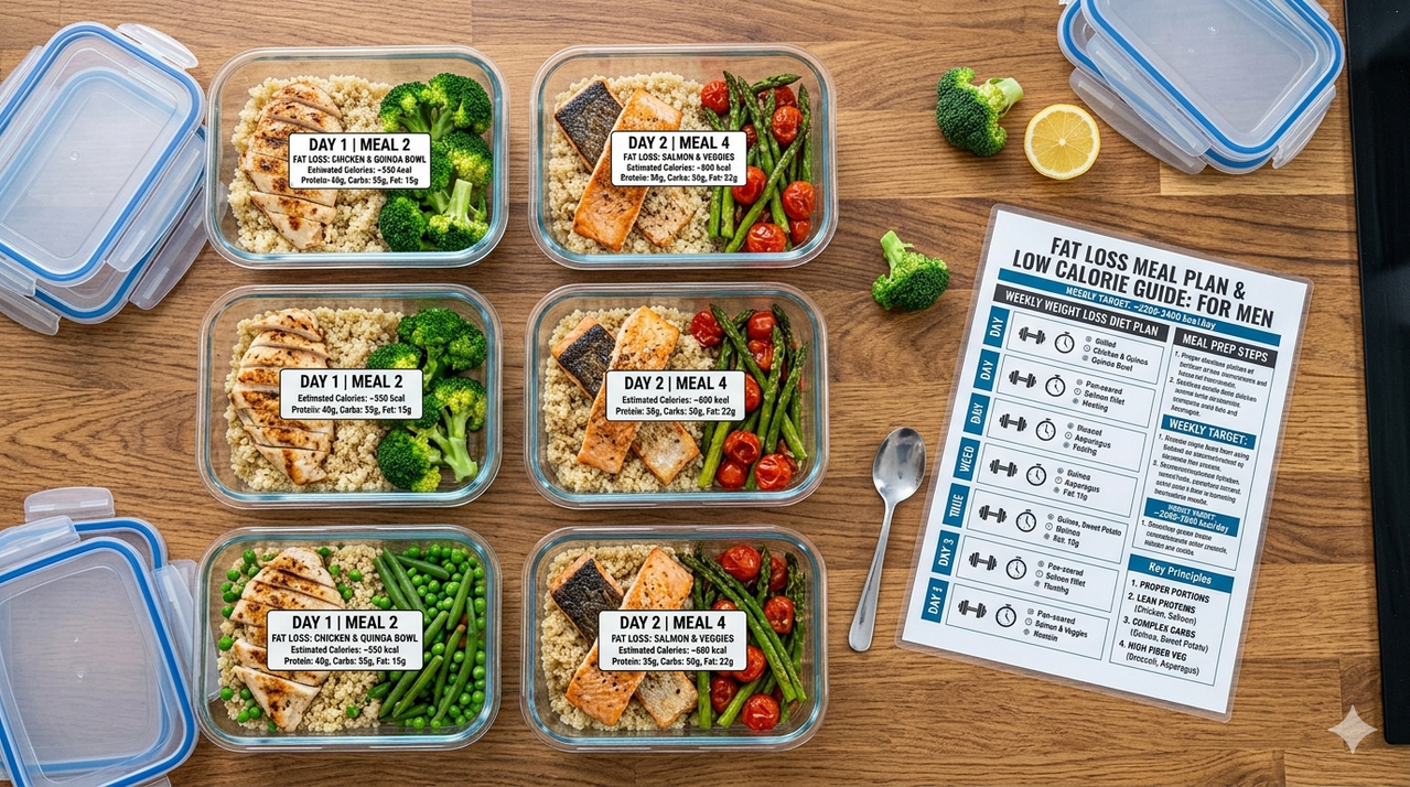 Fat loss meal prep bowls with chicken salmon vegetables and quinoa showing weight loss diet plan and low calorie meal plan