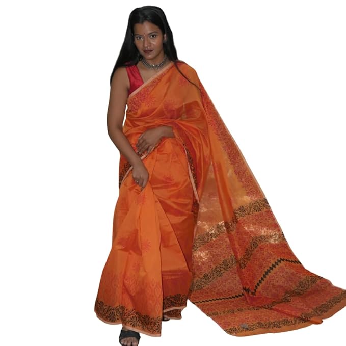 Hand Block Printed Orange Saree with Floral and Geometric Border