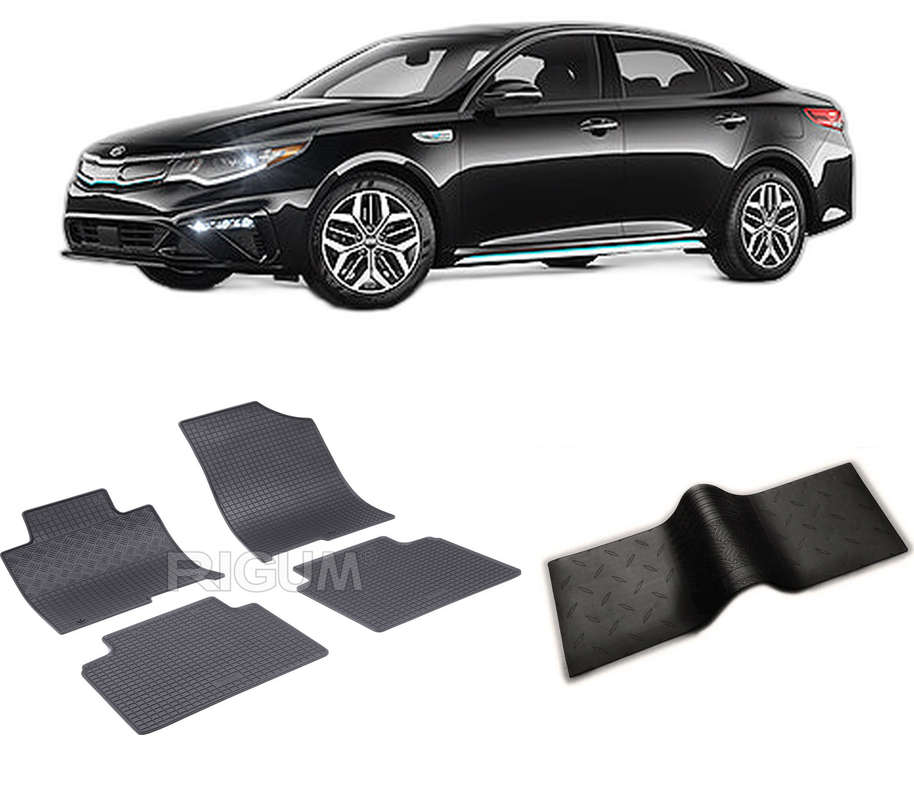 Set covorase auto KIA OPTIMA IV din 11.2015-12.2020, cu covoras tunel median, CAROSERIE SEDAN, Presuri cauciuc 100%, compatibil cu autoturismul KIA OPTIMA IV, Rigum