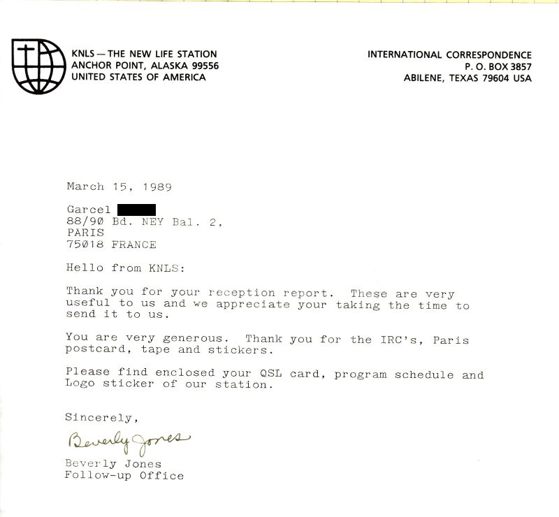 QSL KNLS (Alaska) QSL-KNLS-1989-lettre