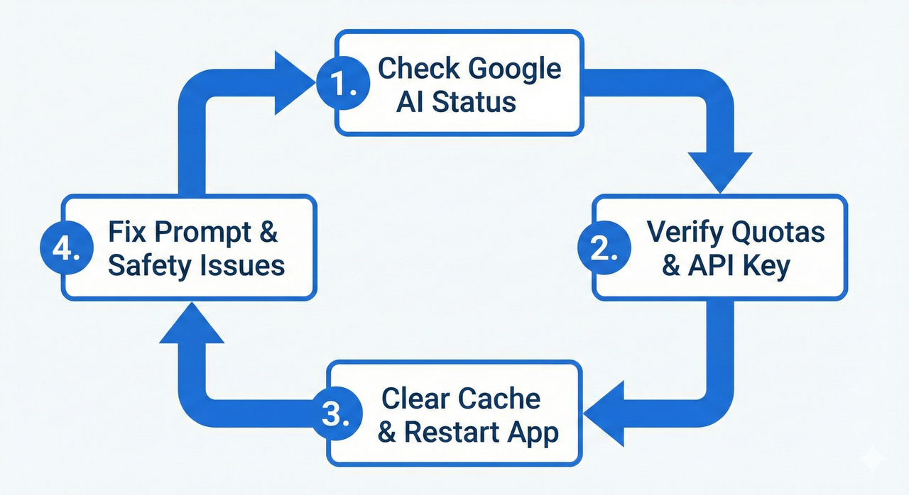 Troubleshooting flowchart for Nano Banana Pro 2 with four steps: check status, verify quotas, clear cache, fix prompt