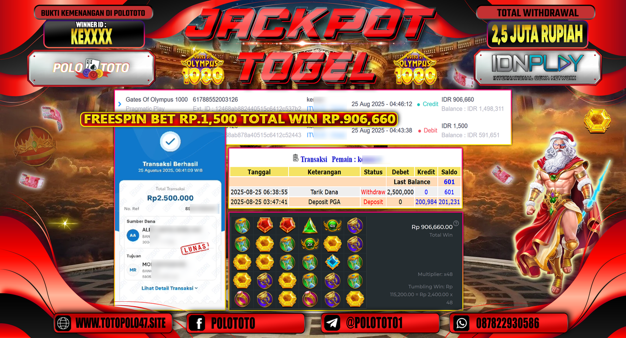 POLOTOTO JACKPOT SLOT GATES OF OLYMPUS SUPER SCATTER Rp.2.500.000,-