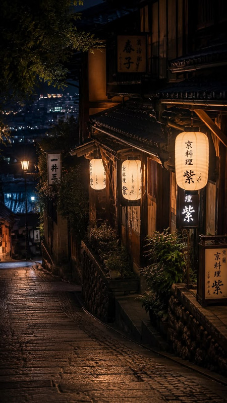 Ruelle de Miyasaki de nuit éclairée par la faible lueur de lampes traditionnelle en papier