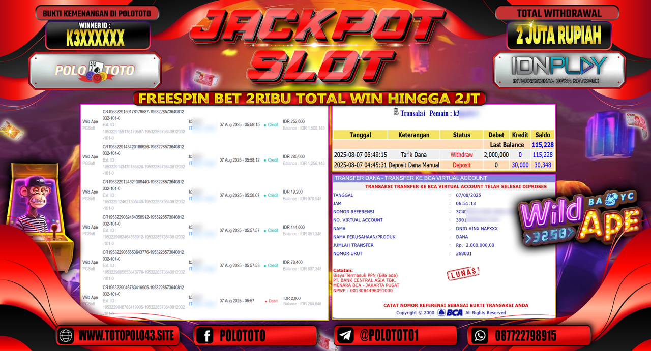 POLOTOTO JACKPOT SLOT WILD APE Rp.2.000.000,-LUNAS