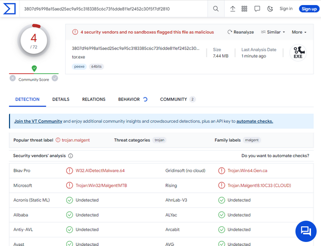 tor.exe: at virustotal