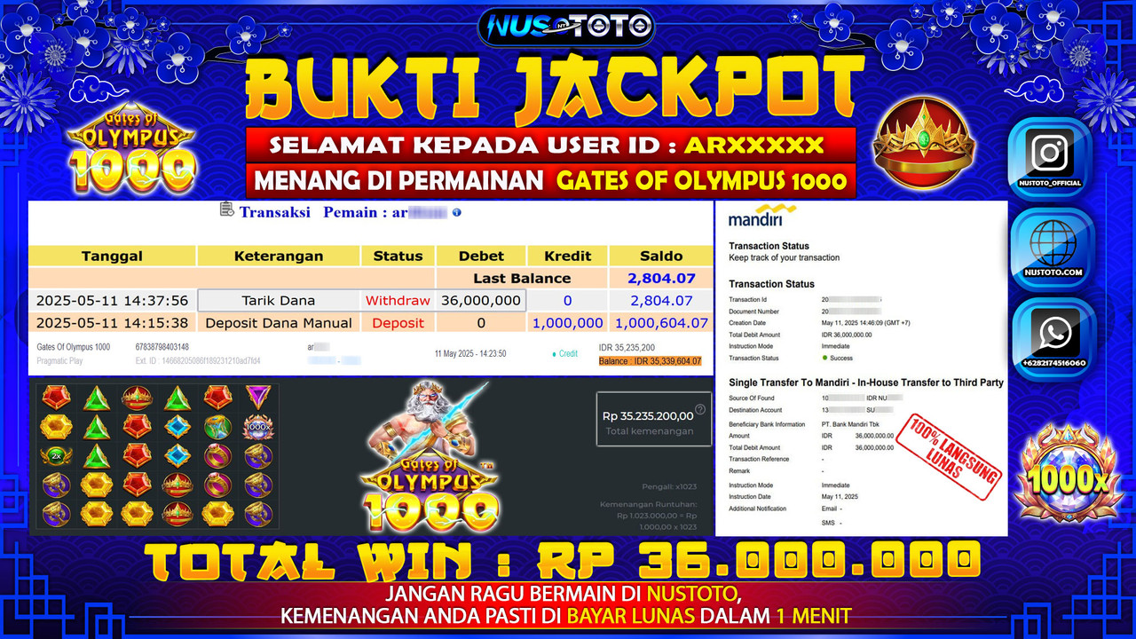 JACKPOT !! MENANG BESAR DI SLOT GATES OF OLYMPUS 1000 Rp. 36.000.000 LANGSUNG DI BAYAR LUNAS NUSTOTO !!