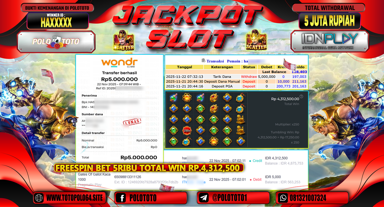 POLOTOTO JACKPOT SLOT GATES OF GATOT KACA 1000 Rp.5.000.000,- LUNAS