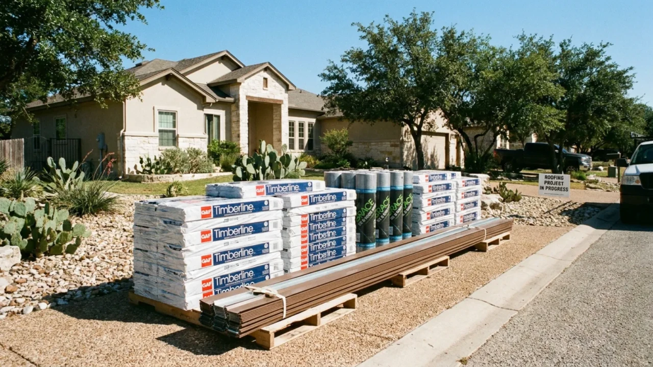 Roofing materials being staged for a residential roof replacement in San Antonio TX