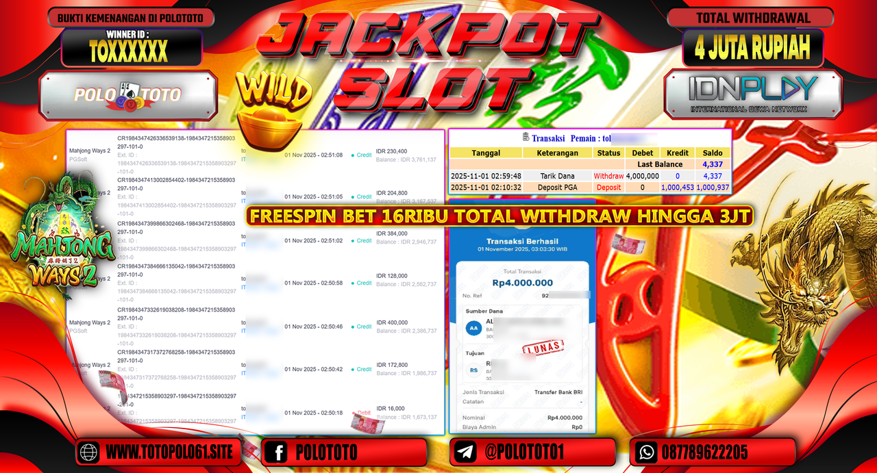 POLOTOTO JACKPOT SLOT MAHJONG WAYS 2 Rp.4.000.000,- LUNAS