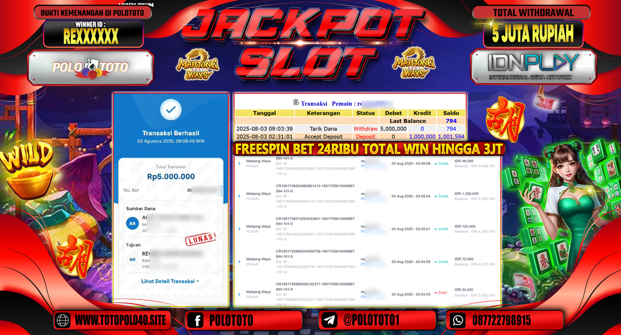 POLOTOTO JACKPOT SLOT MAHJONG WAYS Rp.5.000.000,-LUNAS