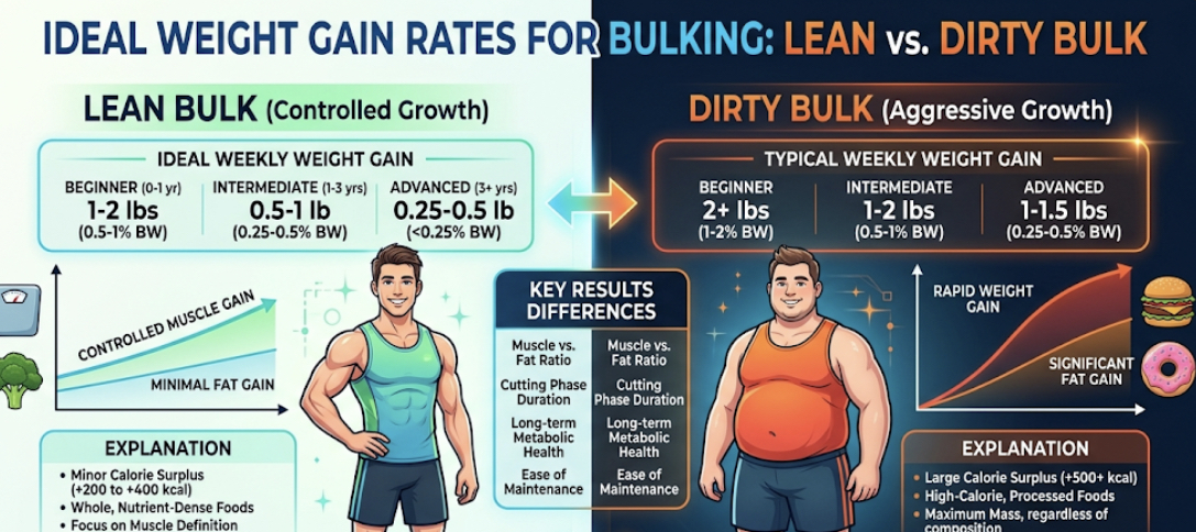 Infographic showing ideal weight gain rates for bulking 0.25-0.5% body weight per week, explaining lean bulk vs dirty bulk results