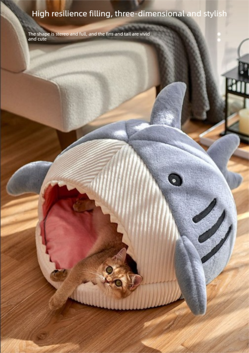 Novelty Shark Pet Cave Bed Enclosed Cozy Sleeping Nest for Cats and Small Dogs Soft Flannel Year Round Comfort Light Blue M Size