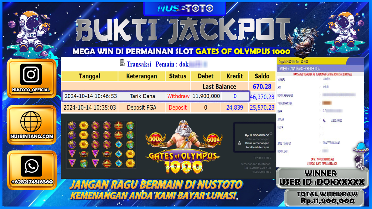 JACKPOT !! MENANG BESAR DI SLOT GATES OF OLYMPUS 1000 Rp. 11.900.000 LANGSUNG DI BAYAR LUNAS NUSTOTO !!