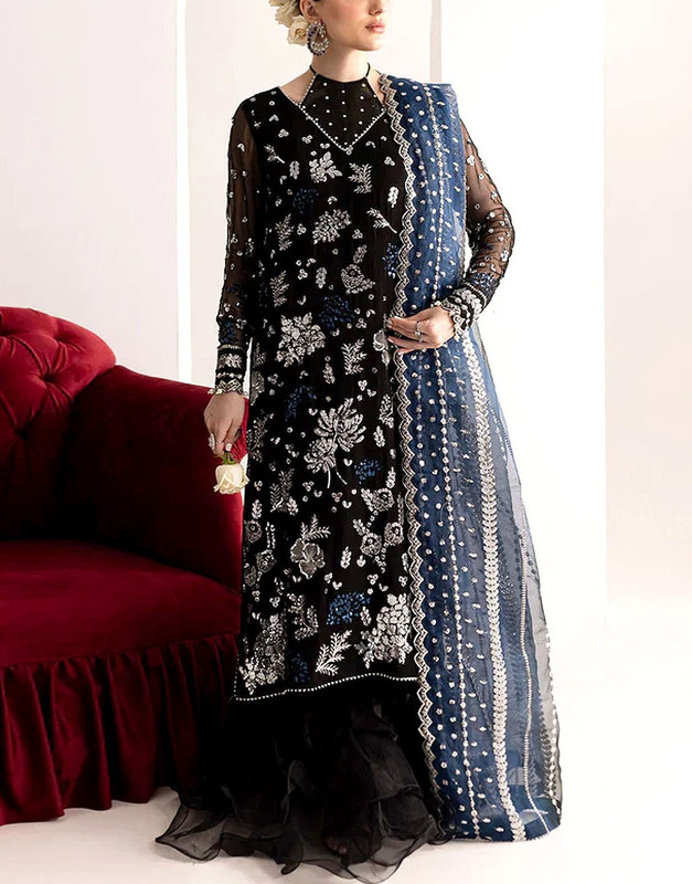 Handwork Heavy Embroidered Black Chiffon Wedding Dress