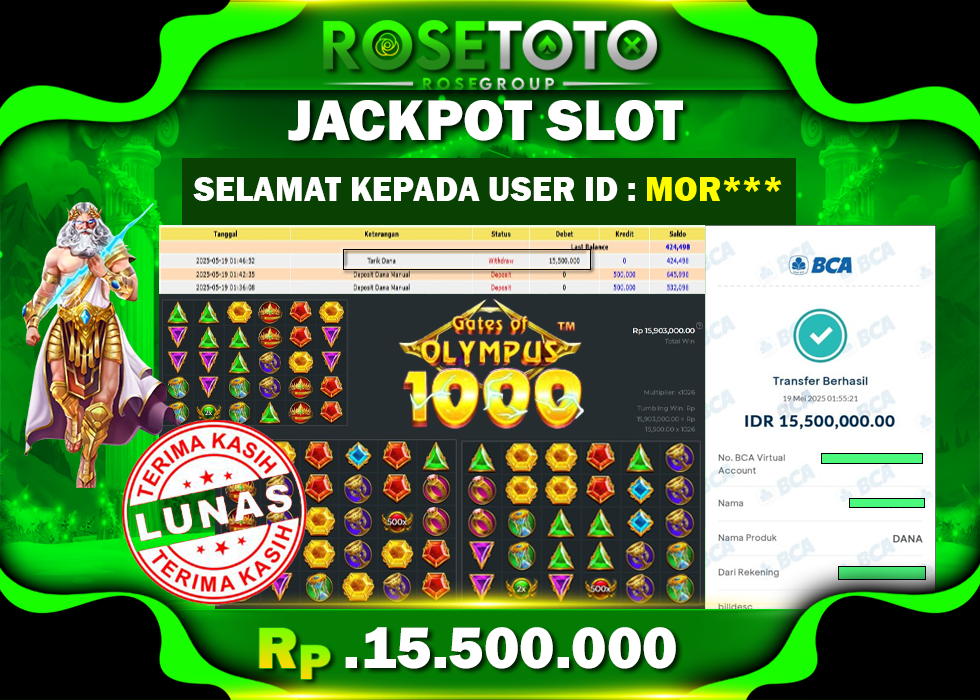 ROSETOTO JACKPOT SLOT Gates Of Olympus 1000 Rp.15.500.000.,- LUNAS