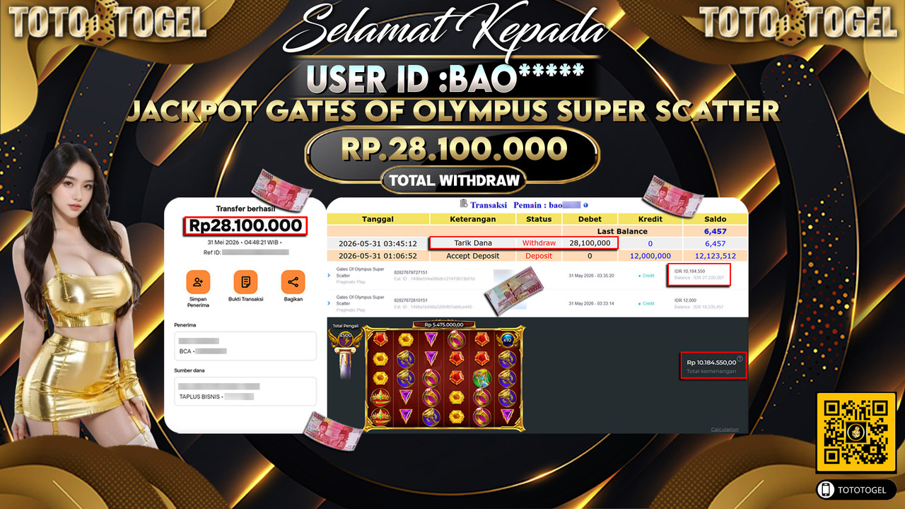 Bukti Pembayaran Jackpot Permainan Slot Gates Of Olympus Super Scatter ID:BAO*****LUNAS