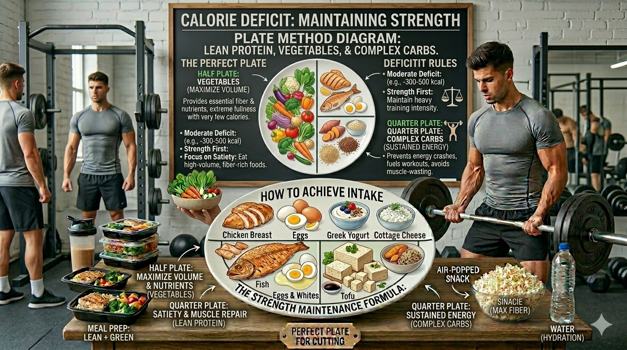 Plate method diagram showing lean protein, vegetables, and complex carbs for maintaining strength while in a calorie deficit