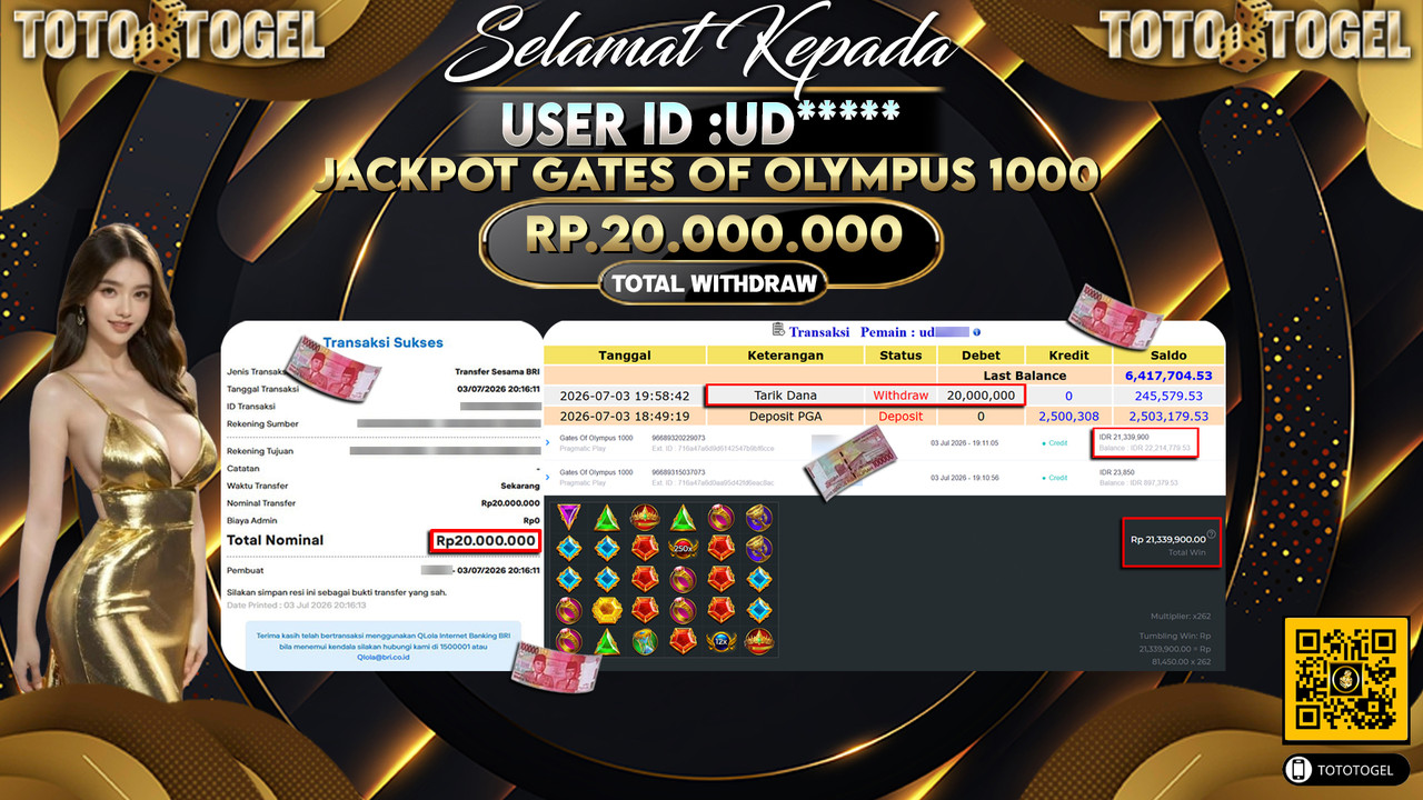 Bukti Pembayaran Jackpot Permainan Slot Gates Of Olympus 1000 ID:UD*****LUNAS