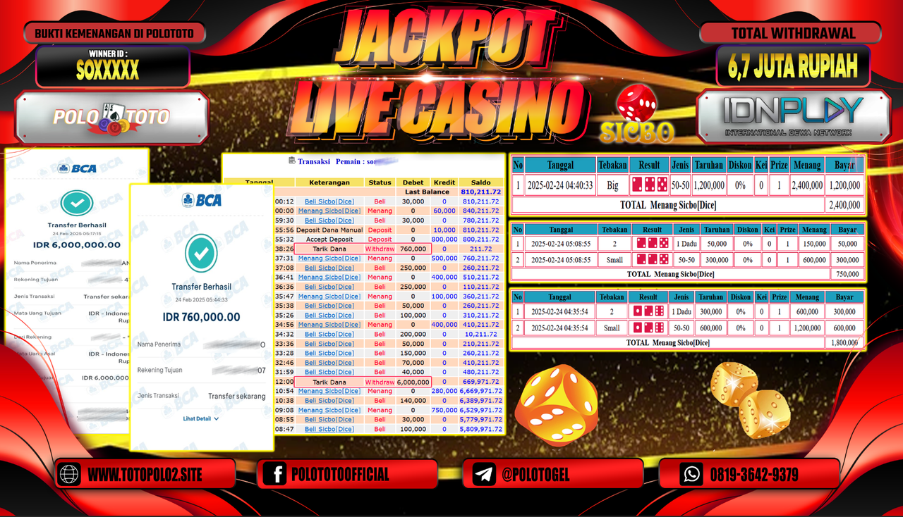 POLOTOTO JACKPOT LIVE CASINO SICBO Rp.6.700.000,- LUNAS