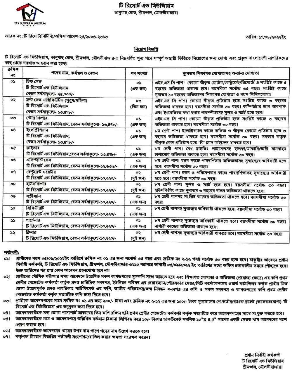 Tea Resort and Museum job Circular 2022